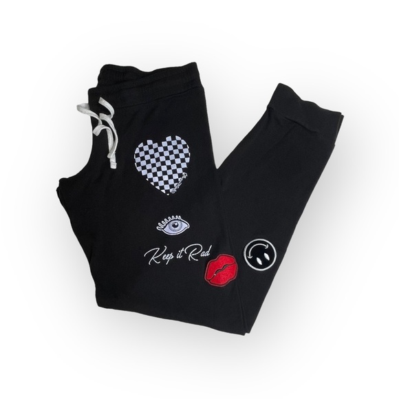 Lauren Moshi ᨎ Rad Checker Heart Smiley Lips Patch Elements Sweatpants ᨎ Black M - Picture 5 of 17